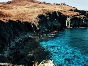 Preview wallpaper cliff, water, house, shore