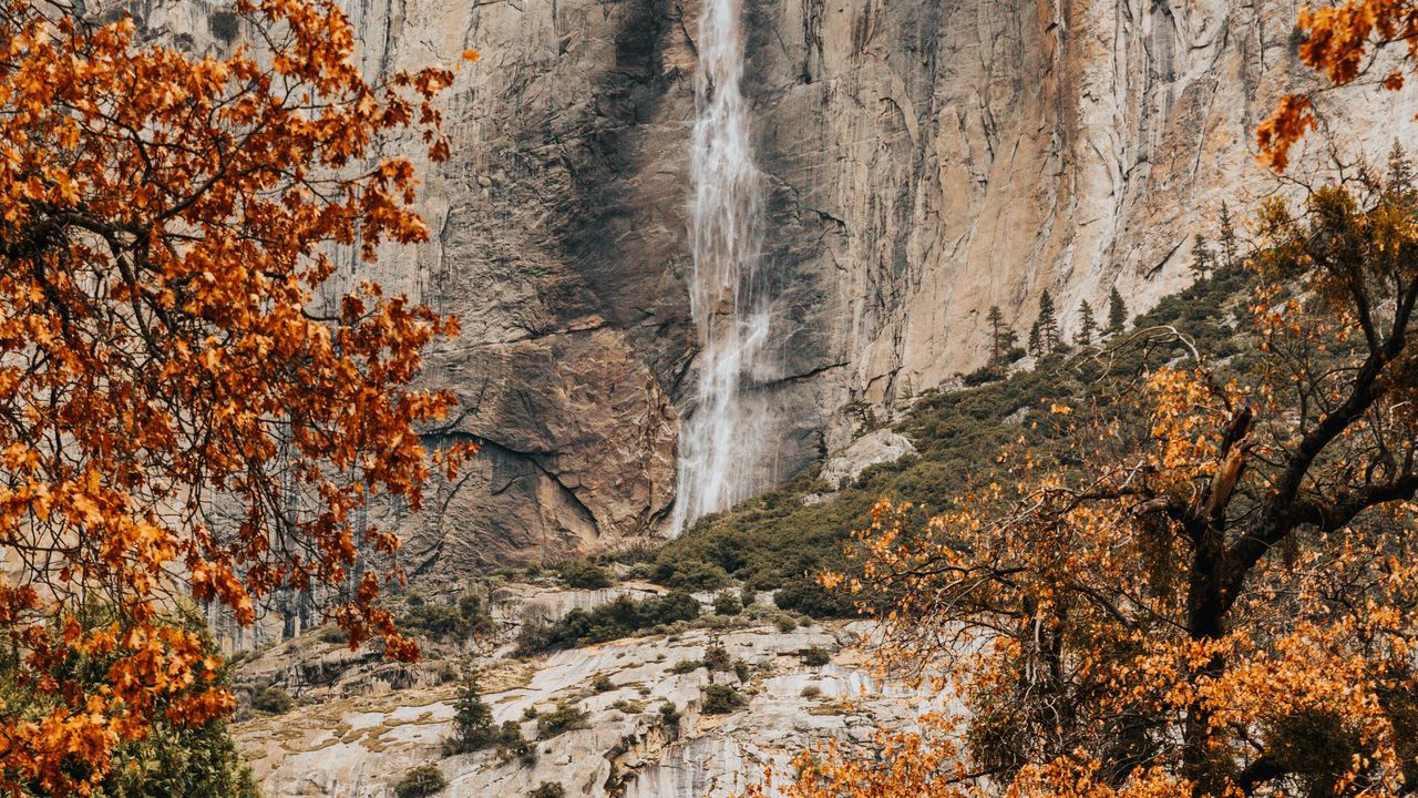 Wallpaper cliff, waterfall, trees, autumn, landscape