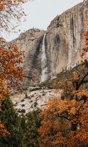 Preview wallpaper cliff, waterfall, trees, autumn, landscape