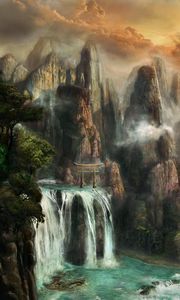 Preview wallpaper cliffs, waterfalls, mist, nature