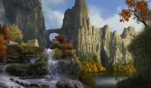 Preview wallpaper cliffs, waterfalls, sky, nature, trees