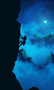 Preview wallpaper climber, silhouette, mountains, girl, moon, birds, night, fog