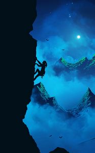 Preview wallpaper climber, silhouette, mountains, girl, moon, birds, night, fog