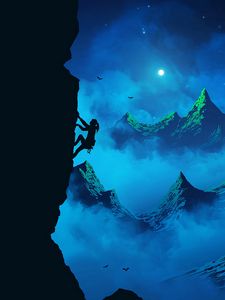 Preview wallpaper climber, silhouette, mountains, girl, moon, birds, night, fog