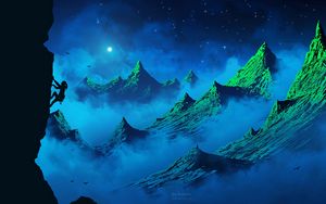Preview wallpaper climber, silhouette, mountains, girl, moon, birds, night, fog