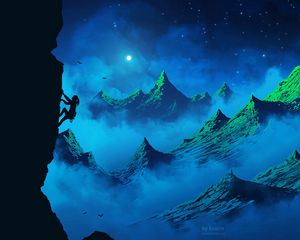 Preview wallpaper climber, silhouette, mountains, girl, moon, birds, night, fog