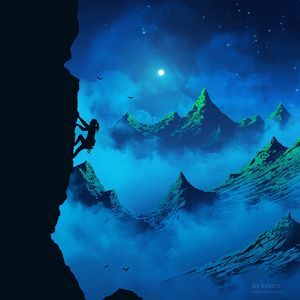 Preview wallpaper climber, silhouette, mountains, girl, moon, birds, night, fog