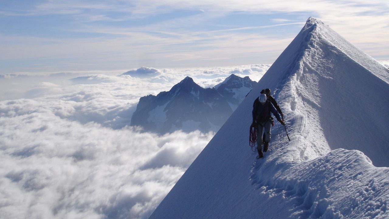 Wallpaper climbers, peak, top, conquest, traces, snow, clouds, vertical