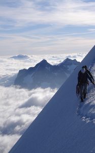 Preview wallpaper climbers, peak, top, conquest, traces, snow, clouds, vertical