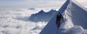 Preview wallpaper climbers, peak, top, conquest, traces, snow, clouds, vertical