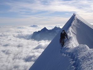 Preview wallpaper climbers, peak, top, conquest, traces, snow, clouds, vertical