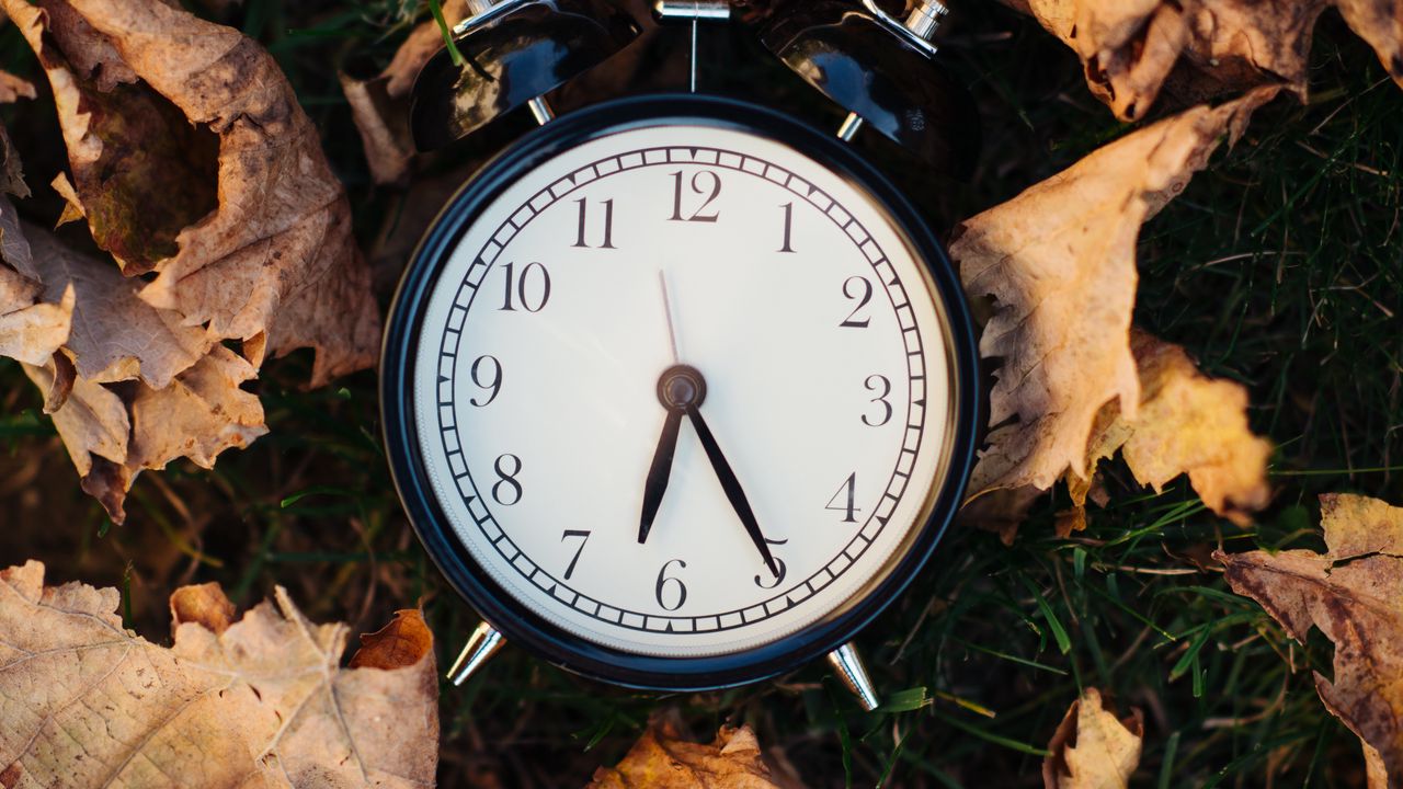 Wallpaper clock, alarm clock, time, leaves, autumn, aesthetics