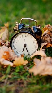 Preview wallpaper clock, alarm clock, time, fallen leaves, autumn