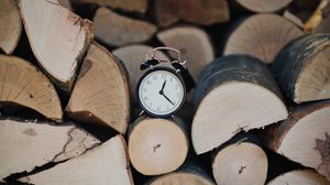 Preview wallpaper clock, alarm, time, wood, logs