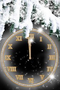 Preview wallpaper clock, dial, needles, twigs, snow, midnight
