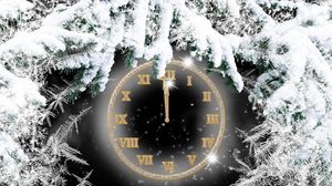 Preview wallpaper clock, dial, needles, twigs, snow, midnight