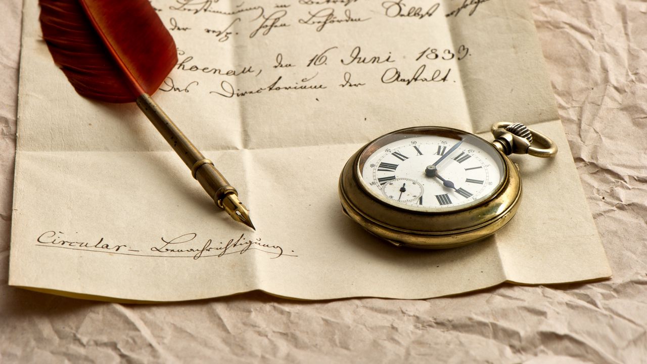 Wallpaper clock, letter, paper, ink, pen, feather