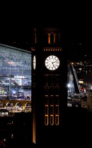 Preview wallpaper clock, tower, buildings, city, night