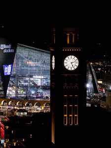 Preview wallpaper clock, tower, buildings, city, night