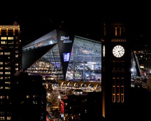 Preview wallpaper clock, tower, buildings, city, night