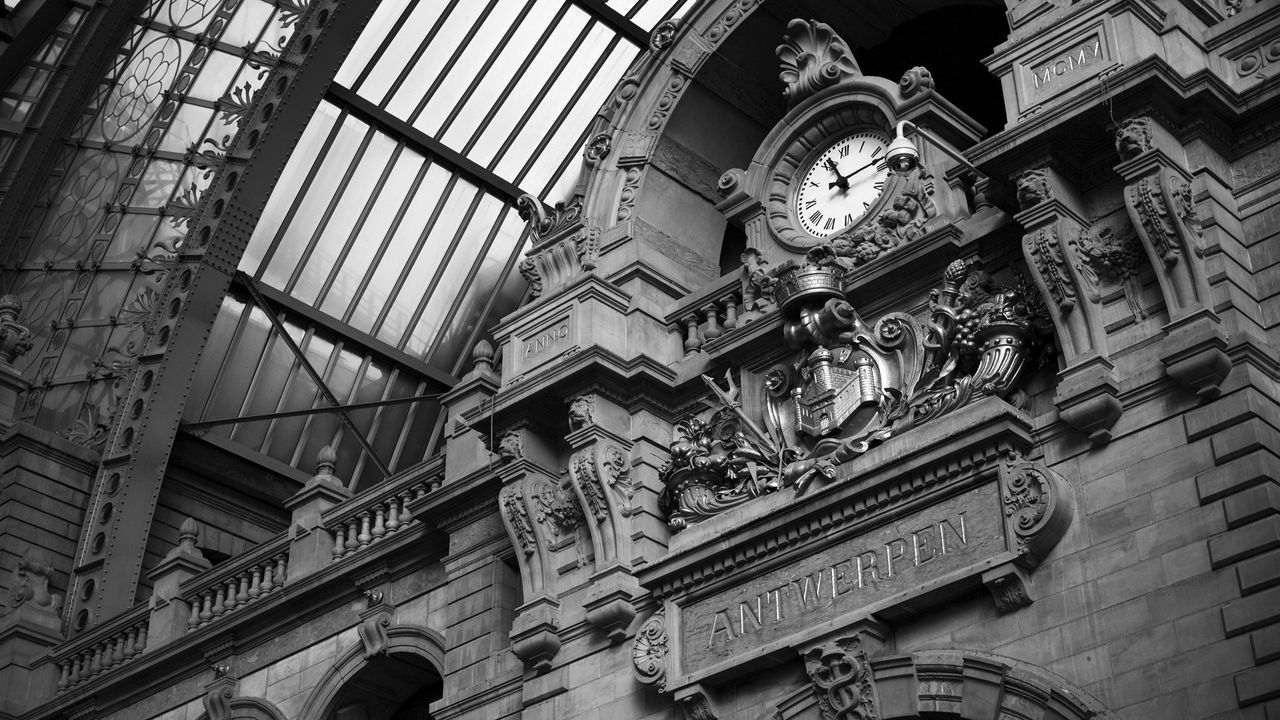 Wallpaper clock, wall, black white, stone, building