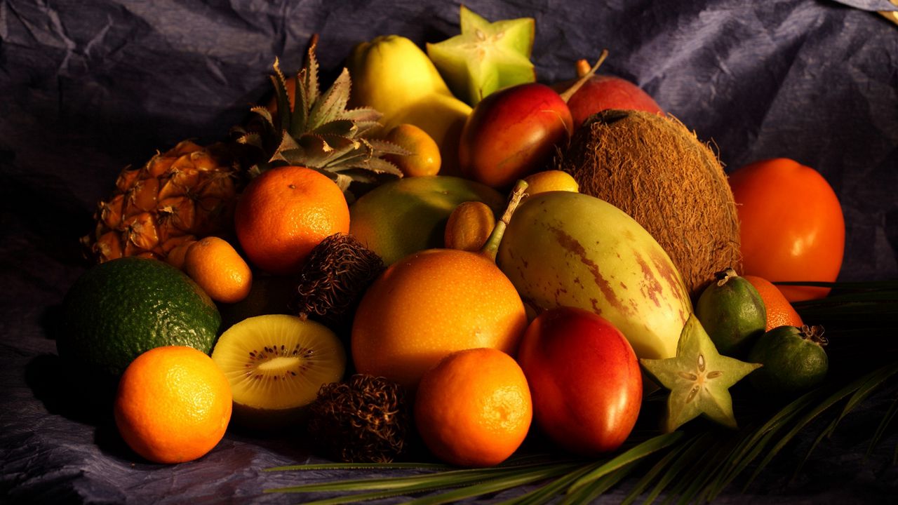Wallpaper cloth, table, fruit, coconut, pomegranate, grapefruit, pineapple, mango, pear, tangerine, lime