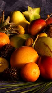 Preview wallpaper cloth, table, fruit, coconut, pomegranate, grapefruit, pineapple, mango, pear, tangerine, lime