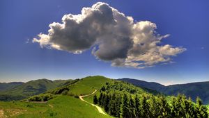 Preview wallpaper cloud, volume, sky, blue, track, mountains, landscape, clearly, wood, green