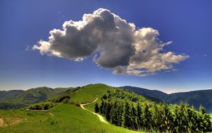 Preview wallpaper cloud, volume, sky, blue, track, mountains, landscape, clearly, wood, green