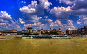 Preview wallpaper clouds, city, bridge, house, boat