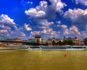 Preview wallpaper clouds, city, bridge, house, boat