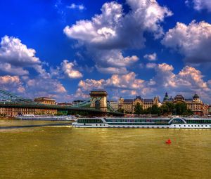 Preview wallpaper clouds, city, bridge, house, boat