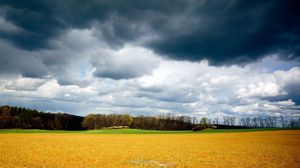 Preview wallpaper clouds, field, sky, gray, gloomy, storm, summer, august, grass mown, yellow
