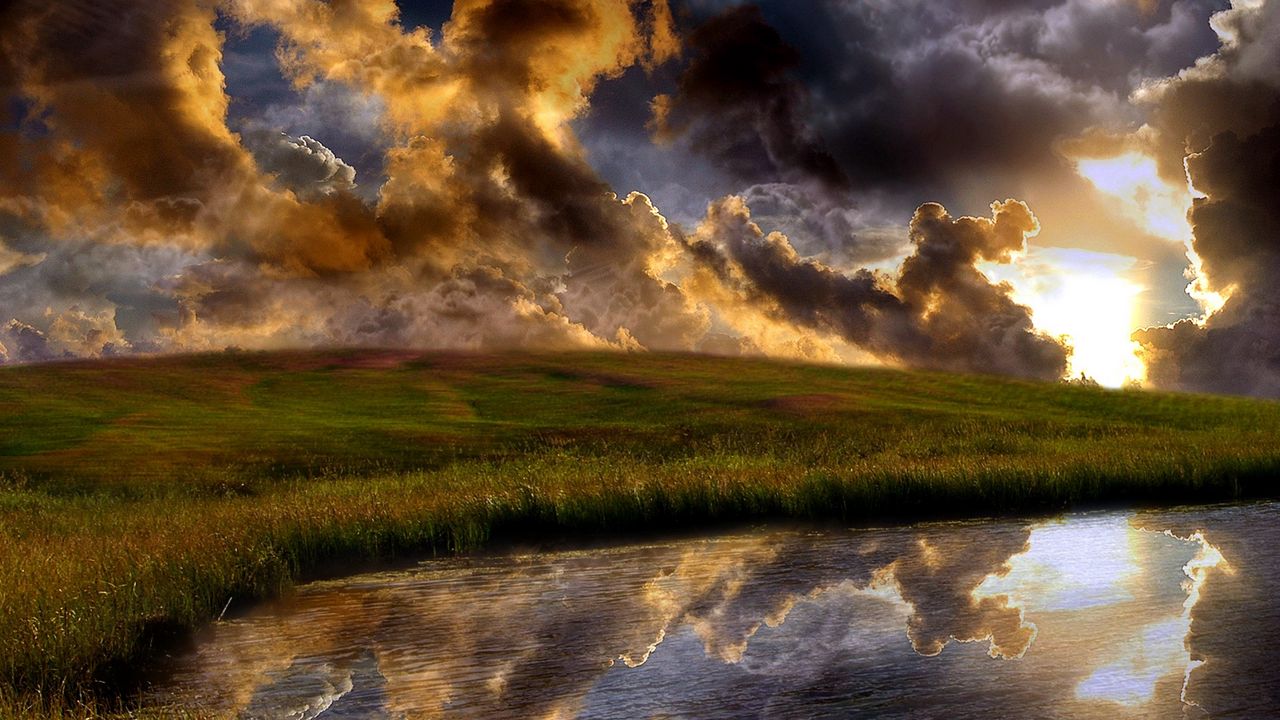 Wallpaper clouds, grass, reflection, evening