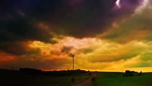 Preview wallpaper clouds, heavy, mill, meadows, cloudy, evening, bad weather