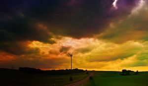 Preview wallpaper clouds, heavy, mill, meadows, cloudy, evening, bad weather