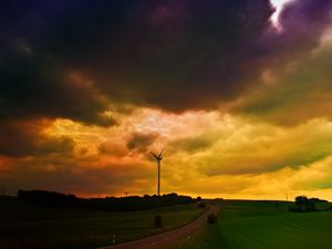 Preview wallpaper clouds, heavy, mill, meadows, cloudy, evening, bad weather