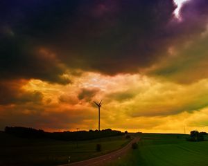 Preview wallpaper clouds, heavy, mill, meadows, cloudy, evening, bad weather