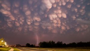 Preview wallpaper clouds, heavy, storm, lightning, bad weather, road, asphalt, lamps