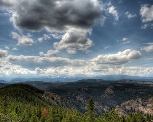 Preview wallpaper clouds, height, woods, open spaces, landscape, gray