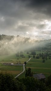 Preview wallpaper clouds, hills, forest, nature, houses