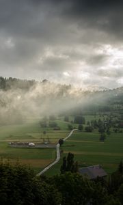 Preview wallpaper clouds, hills, forest, nature, houses