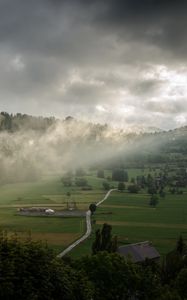 Preview wallpaper clouds, hills, forest, nature, houses