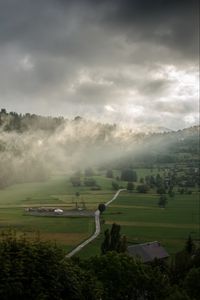 Preview wallpaper clouds, hills, forest, nature, houses