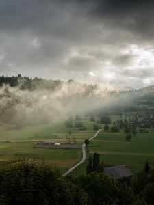 Preview wallpaper clouds, hills, forest, nature, houses