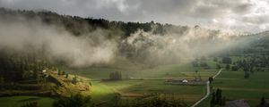 Preview wallpaper clouds, hills, forest, nature, houses