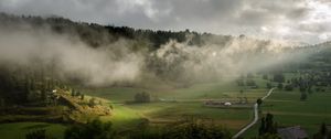 Preview wallpaper clouds, hills, forest, nature, houses