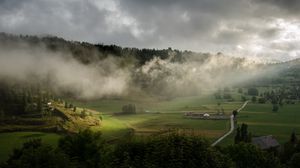 Preview wallpaper clouds, hills, forest, nature, houses