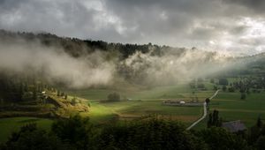 Preview wallpaper clouds, hills, forest, nature, houses