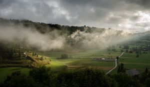 Preview wallpaper clouds, hills, forest, nature, houses